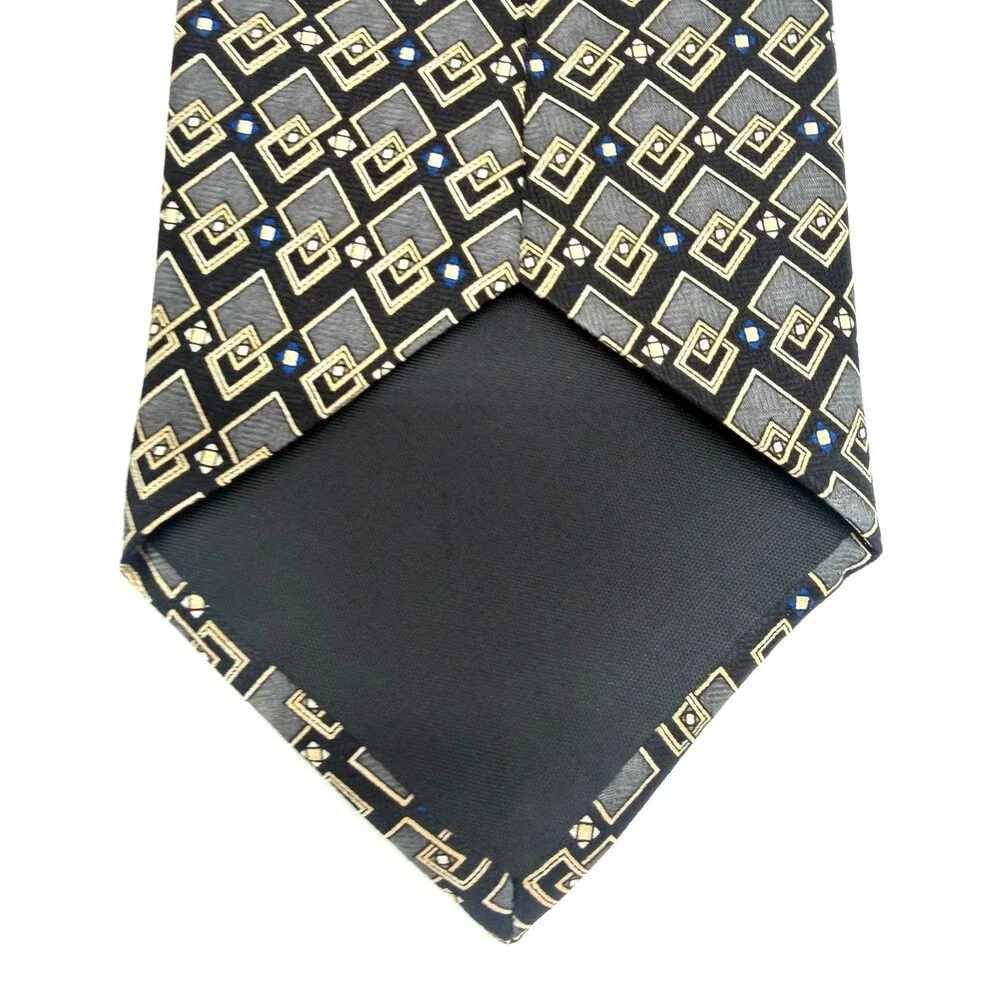Geoffrey Beene Men's 100% Silk Tie Made in USA Black Grey Gold Geometric